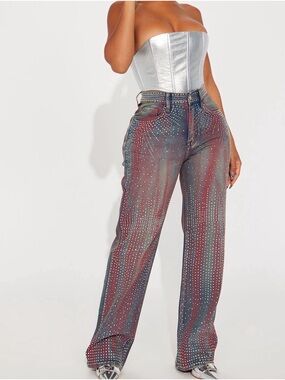 Fashion Nova Studded Multi-Color Wide Leg Jeans